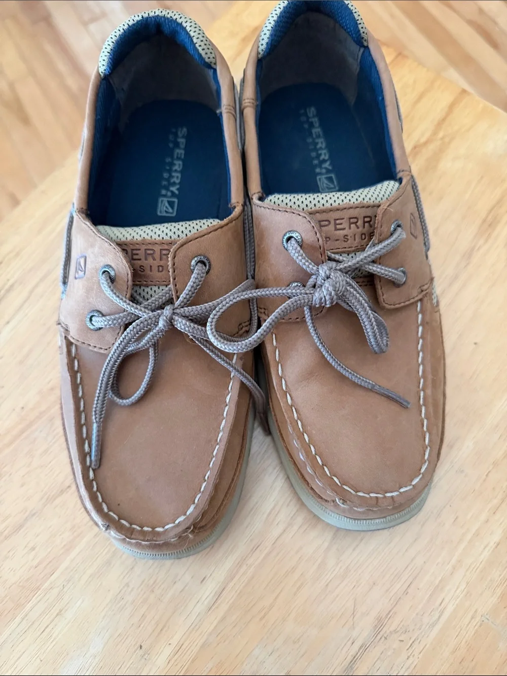 Sperry Tan Leather Moc Toe Boat Shoes with Navy Insoles
